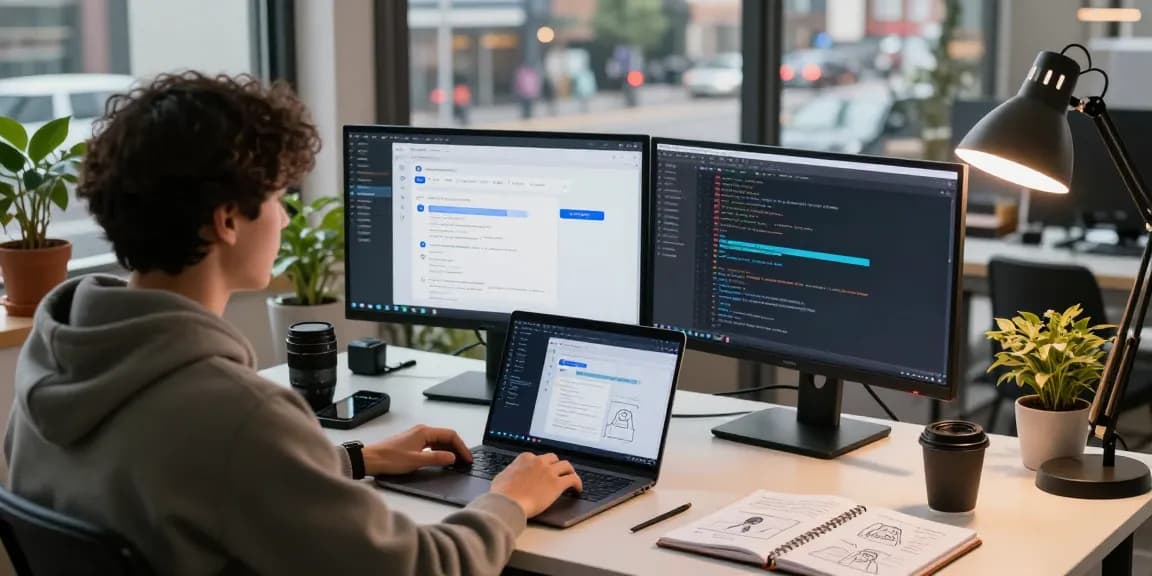 Developer working on AI chatbot interface in a modern workspace.