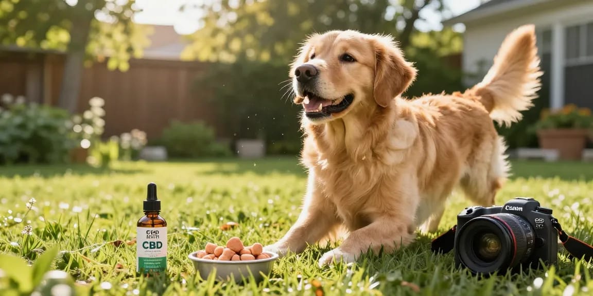 Golden retriever playing outside with CBD North CBD oil and salmon treats, promoting pet wellness.