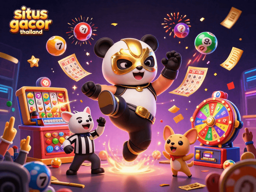 Experience the thrill of situs gacor thailand as vibrant slot reels and a wrestling panda engage viewers in an exciting casino scene.