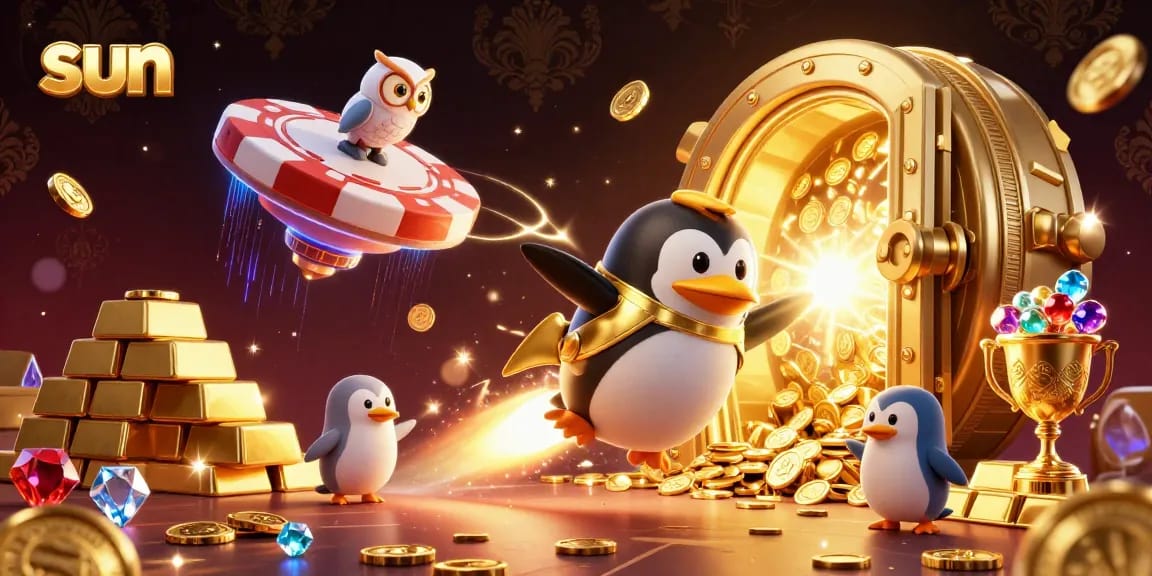 Engage in thrilling gaming at a sun-themed casino with vivid treasures and a golden penguin.