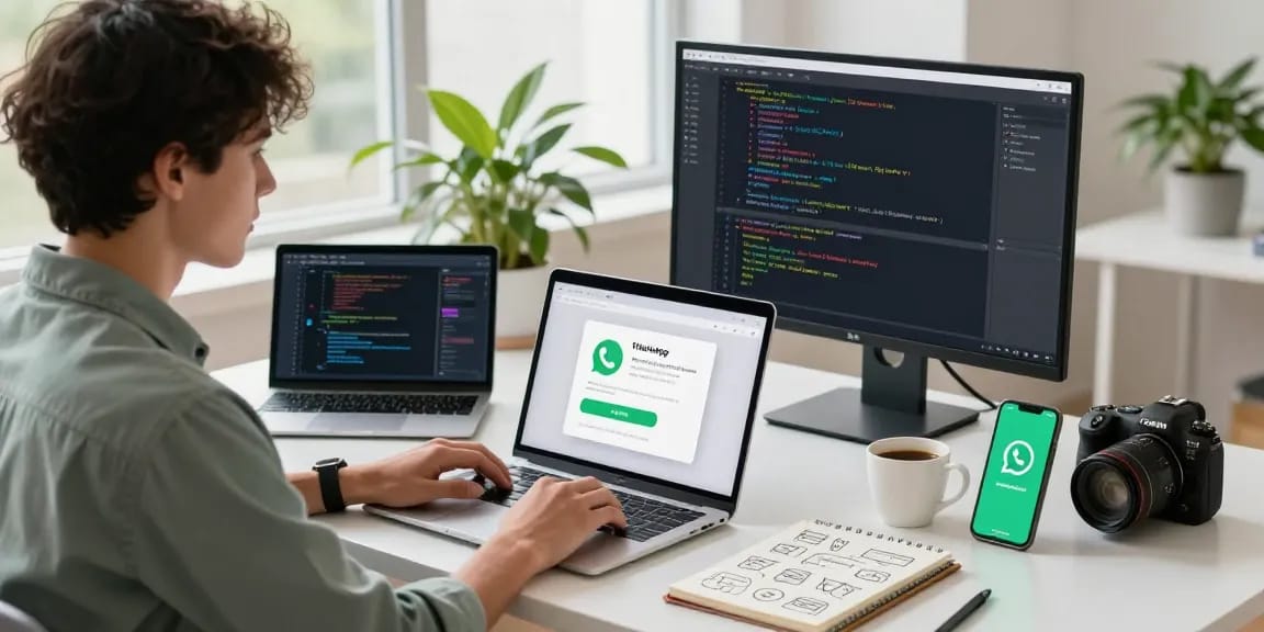 Seamless WhatsApp下載 setup on modern desk with devices and notes.
