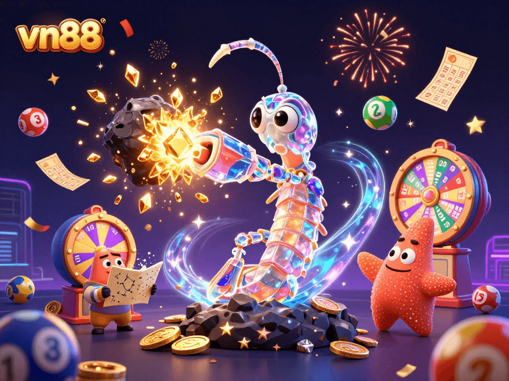 Experience the thrill of vn88 with a vibrant 3D illustration of a dynamic casino scene.