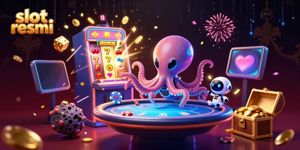Slot resmi showcases a vibrant alien octopus at a holographic poker table, surrounded by a jackpot explosion.