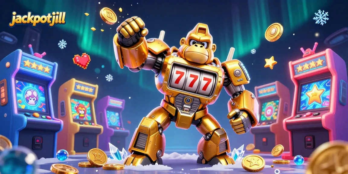 jackpotjill showcases an action-packed scene with a golden gorilla mech and colorful slot game elements