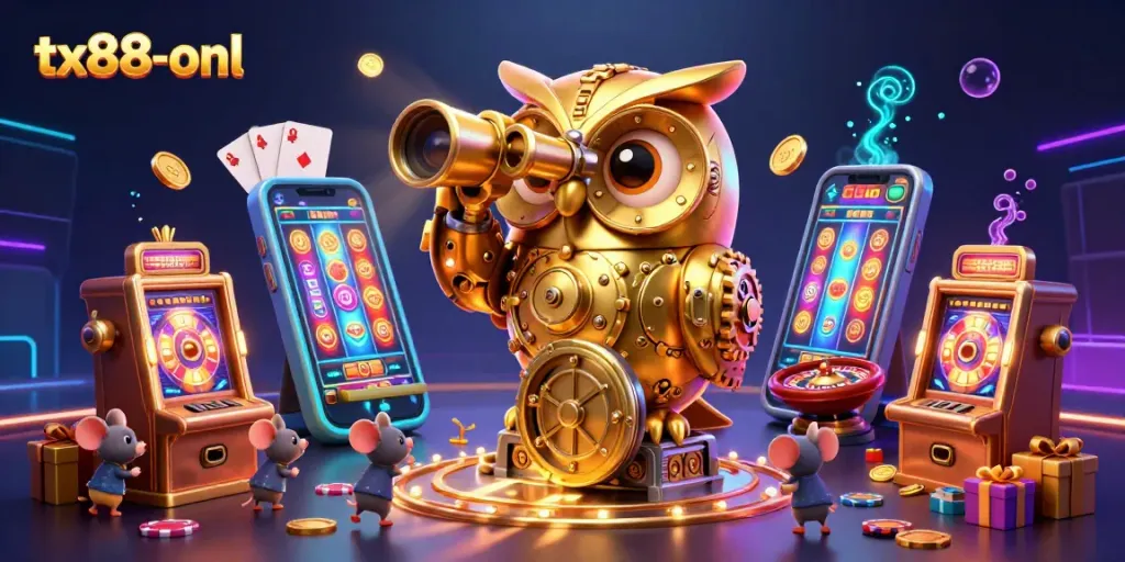 Experience thrilling gaming action at tx88-onl with a vibrant 3D casino scene filled with fun characters and exciting games.