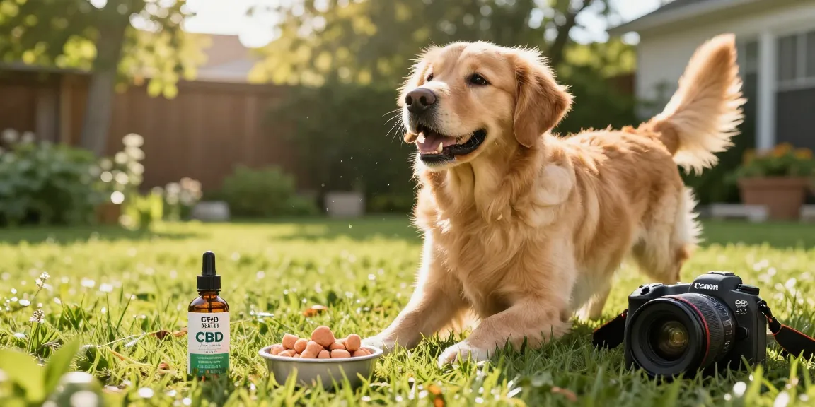 Golden retriever playing outside with CBD North CBD oil and salmon treats, promoting pet wellness.