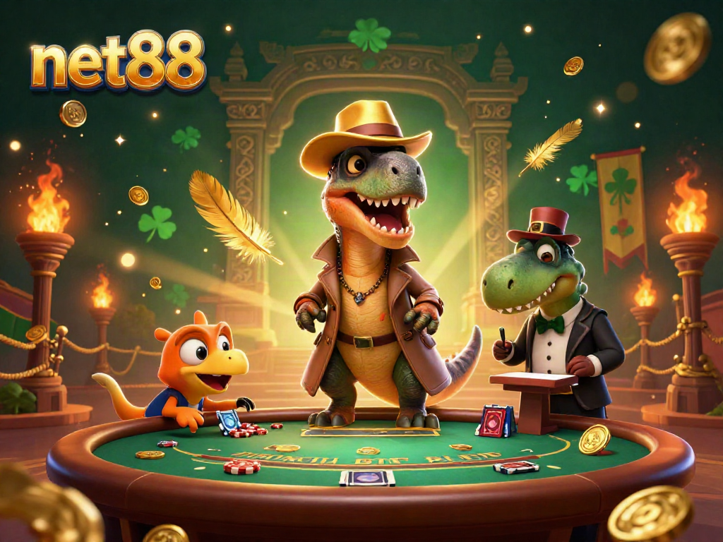 Experience excitement at net88 with a velociraptor gambler, stegosaurus pit boss, and thrilling casino atmosphere.