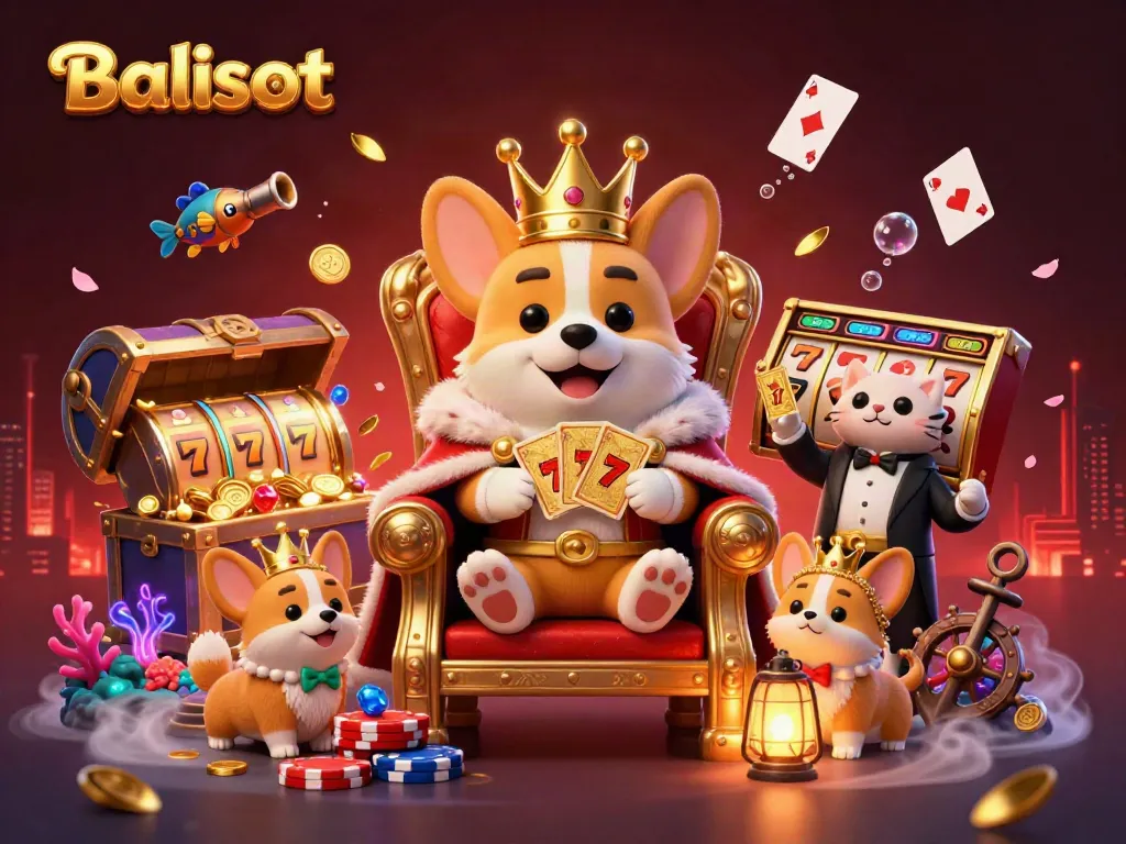 Balislot showcases royal corgi amidst dynamic gaming elements, highlighting jackpot excitement.