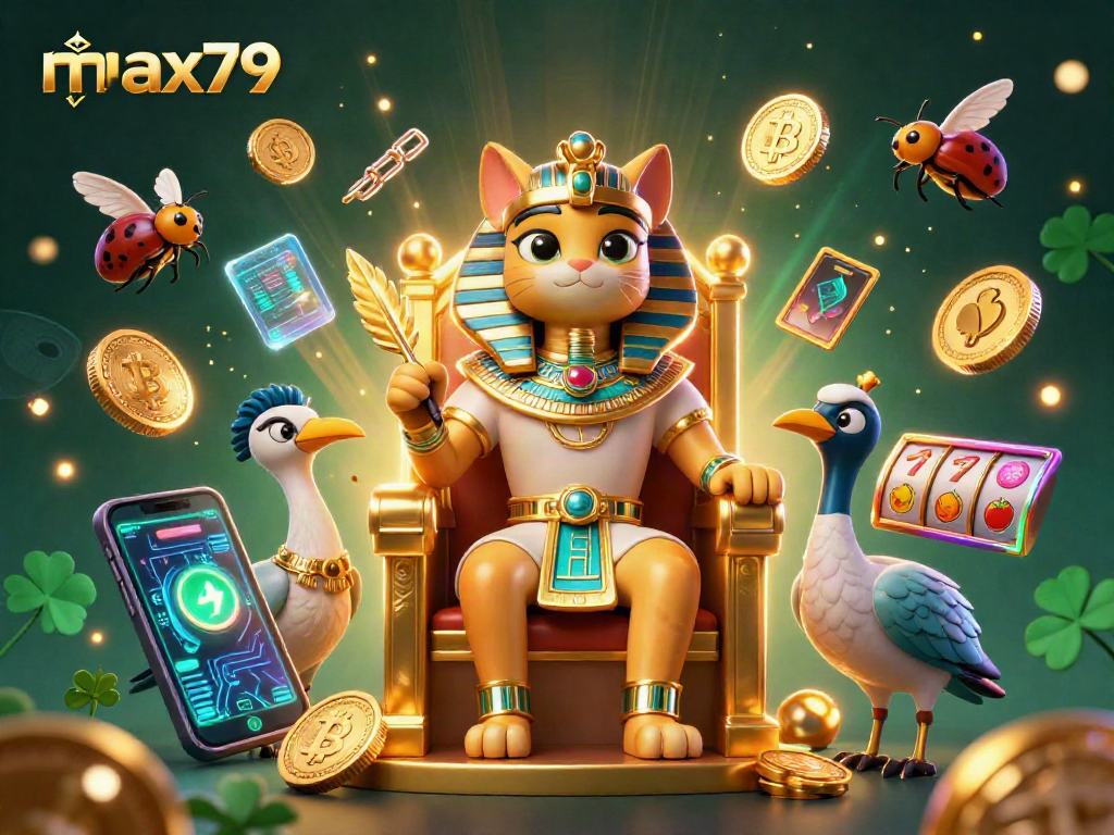 Experience thrilling gameplay at max79 with an Egyptian pharaoh cat surrounded by gambling excitement.