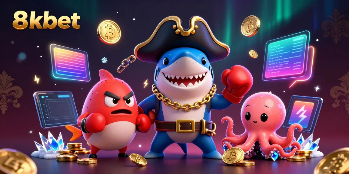 Join the fun with 8xbet's vibrant pirate-themed 3D digital illustration depicting exciting casino elements.