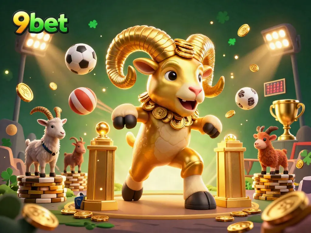Bettors celebrate at 9bet as the golden ram charges, surrounded by dynamic sports balls and trophy in a thrilling atmosphere.