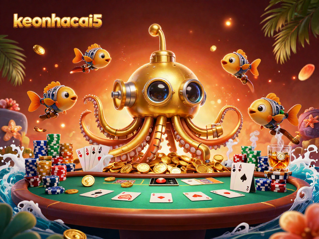 Win big with keonhacai5, featuring an exciting casino-themed 3D illustration of a golden kraken in action.