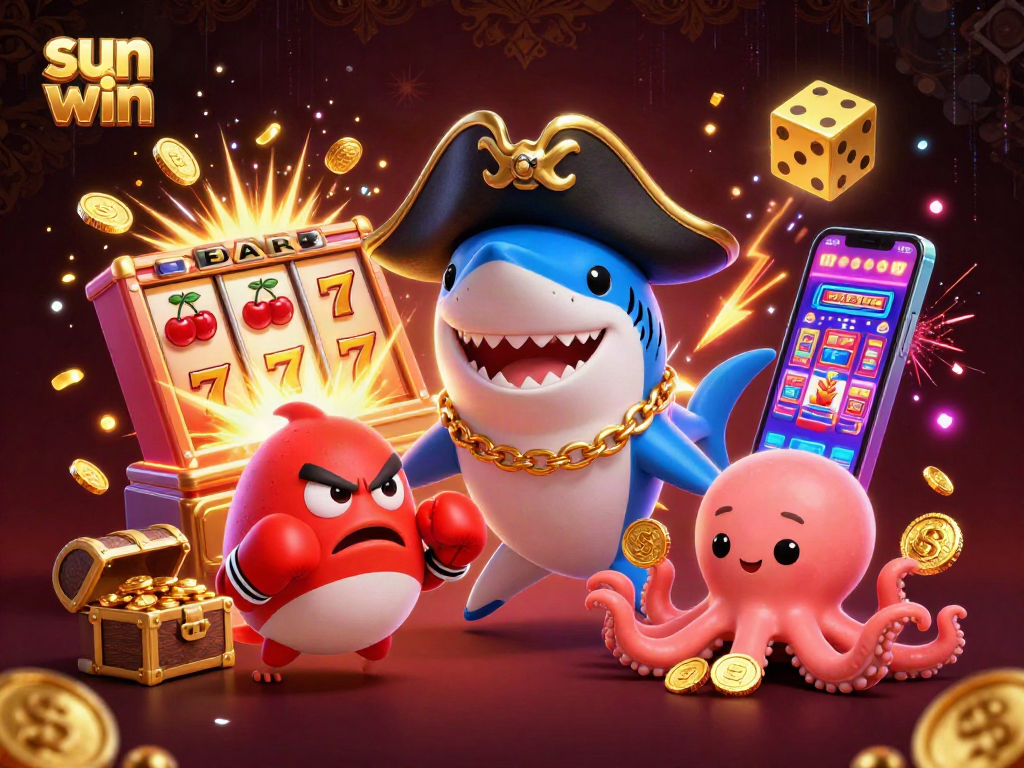 Spin jackpots and win big with sun win in this dynamic cartoon casino scene.