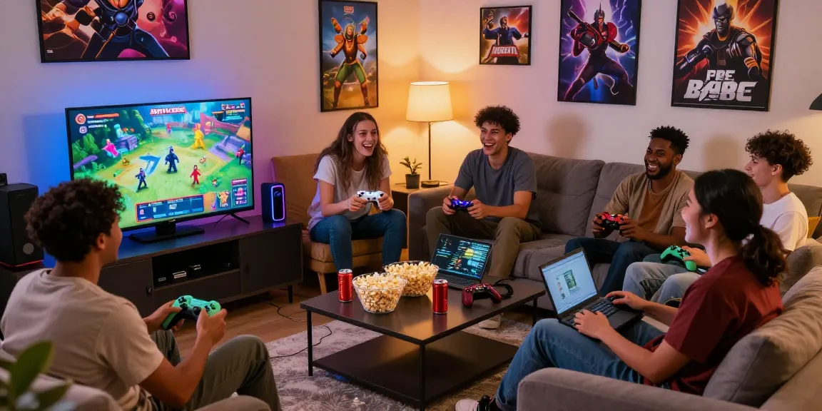 Friends enjoying free porn games together in a cozy living room, surrounded by consoles and snacks.
