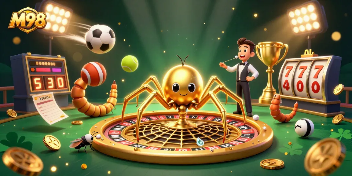 M98 offers thrilling casino experiences with a dynamic golden spider and croupier in a vibrant game scene.