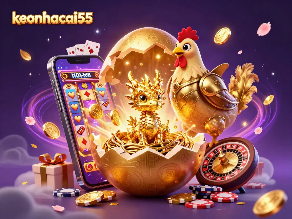Engage with keonhacai55 as a golden dragon nestled among poker chips and vibrant, dynamic gaming elements.