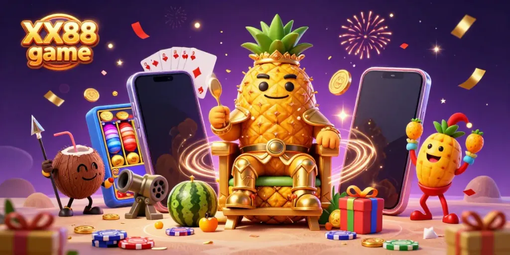 Experience the excitement of the XX88 game platform with a vibrant 3D cartoon scene depicting a golden pineapple king, casino elements, and festive magic.
