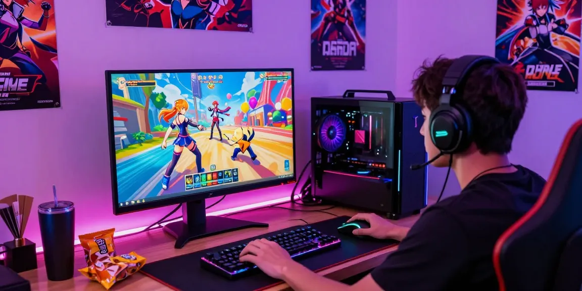 Interactive ecchi game online scene with a focused gamer at a vibrant digital setup.