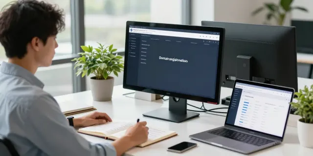 Engaging domain registration UK workspace featuring a professional checking domain name availability on a monitor.