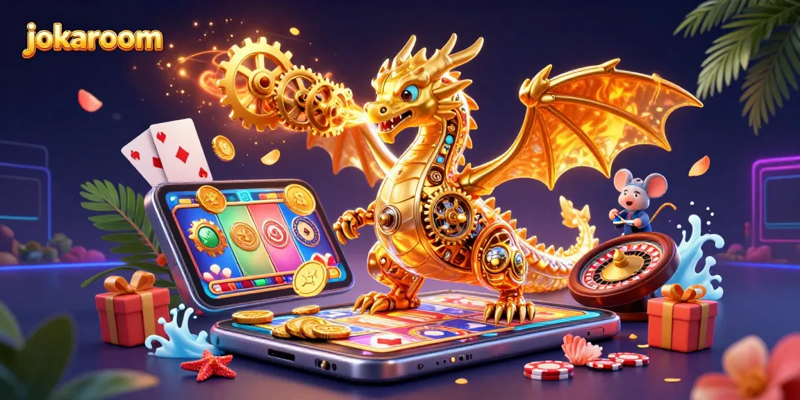 Experience thrilling gameplay at jokaroom with a dynamic scene featuring a golden dragon and vibrant casino elements.