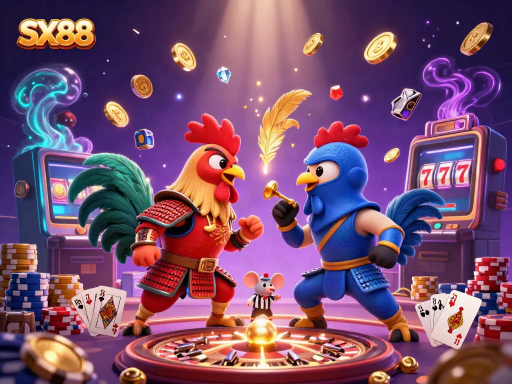 Experience the excitement of SX88 with vibrant roosters and casino elements in a 3D showdown.
