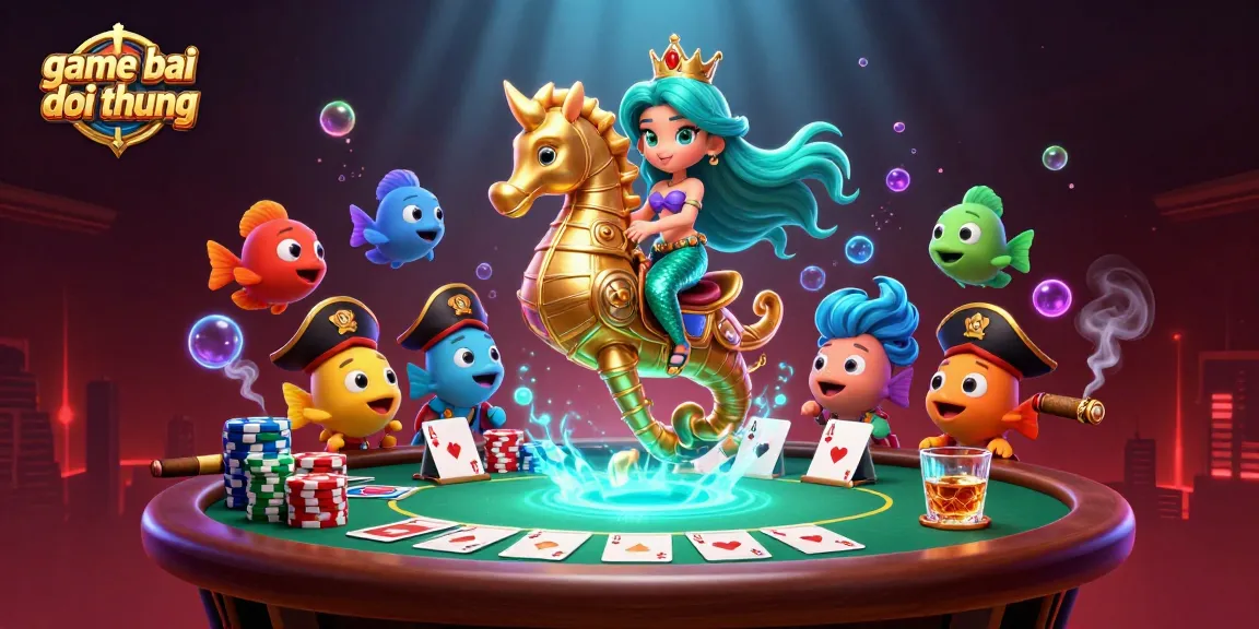 Engage in game bai doi thuong with a vibrant underwater 3D scene featuring a mermaid, seahorse, and poker elements.