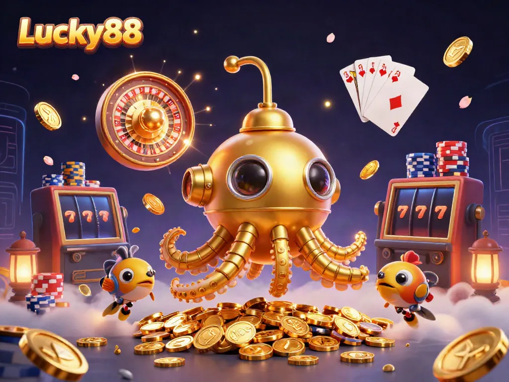 Experience the adrenaline of Lucky88 with a golden kraken submarine amidst cascading coins and games.