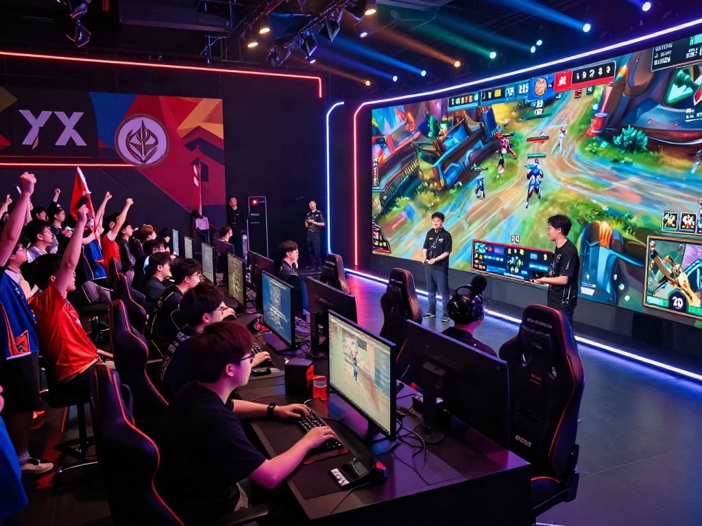 Exciting esports tournament scene featuring players competing in xxx games with cheering fans.
