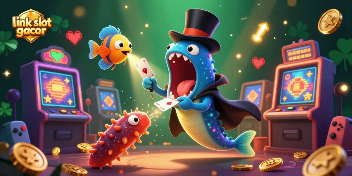 Link slot gacor illustration of a magical underwater casino scene featuring a bioluminescent eel performing tricks.