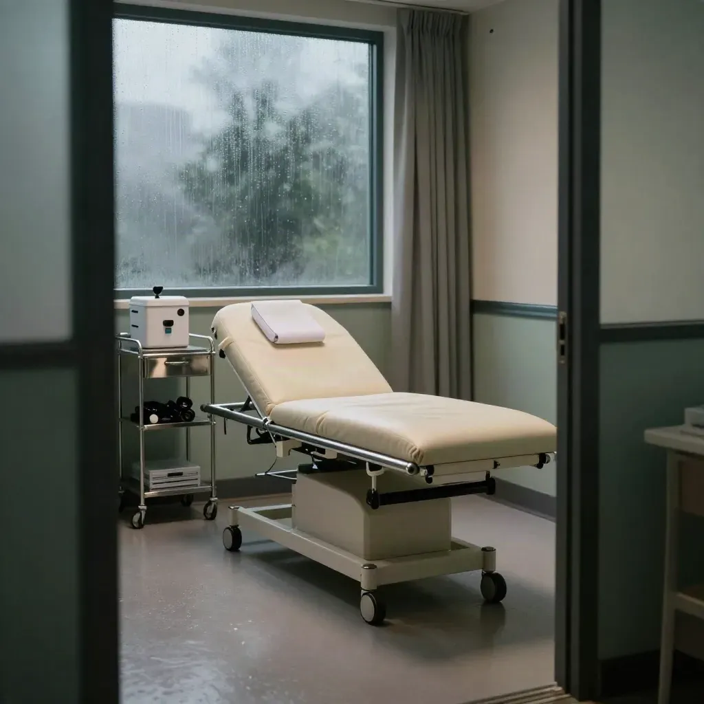 Morning-lit GP consultation room with exam couch, medical trolley, vaccine cooler and soft rain haze.