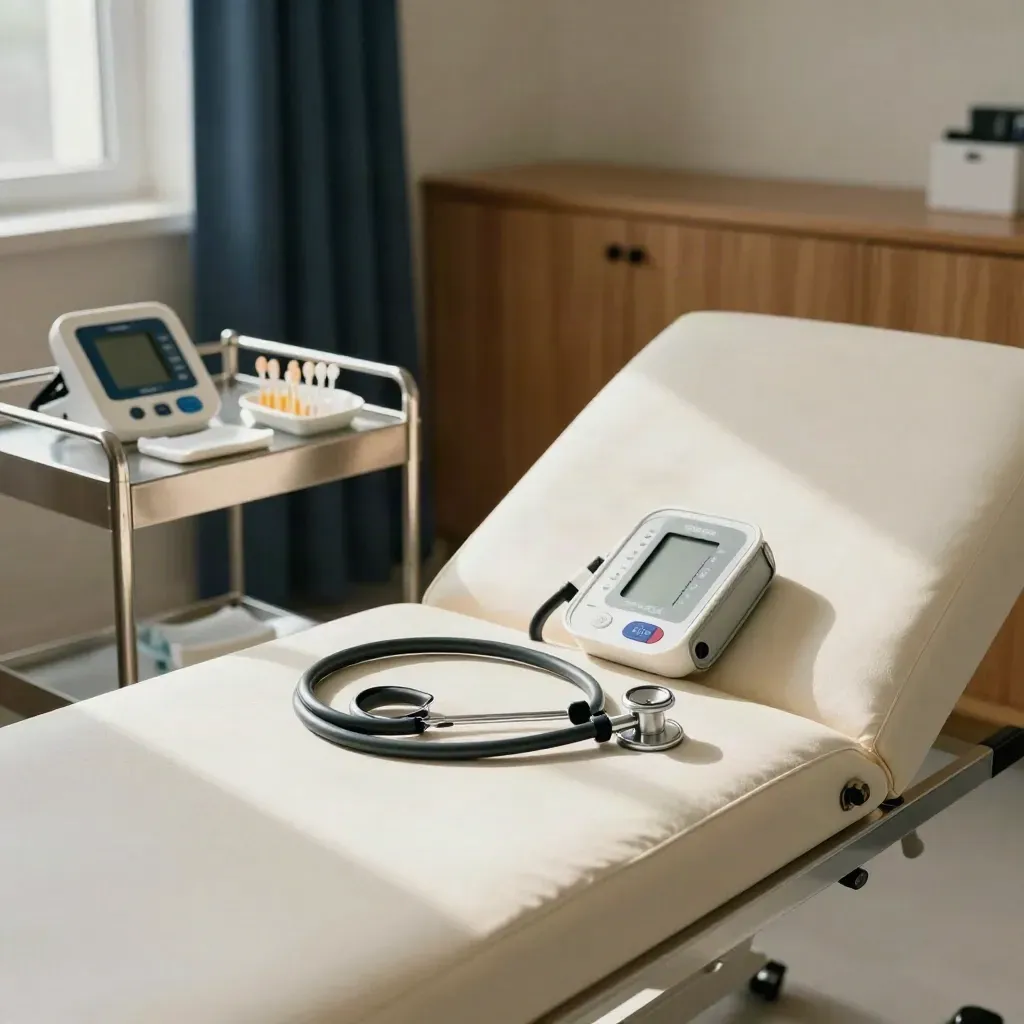 Private GP room with exam couch, stethoscope, blood-pressure monitor and swab tray.