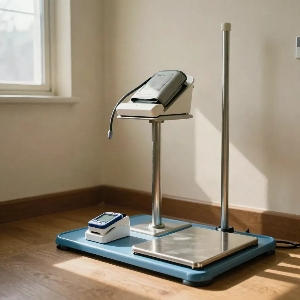Health screening station with cuff, scale, oximeter and height rod in warm clinic light.