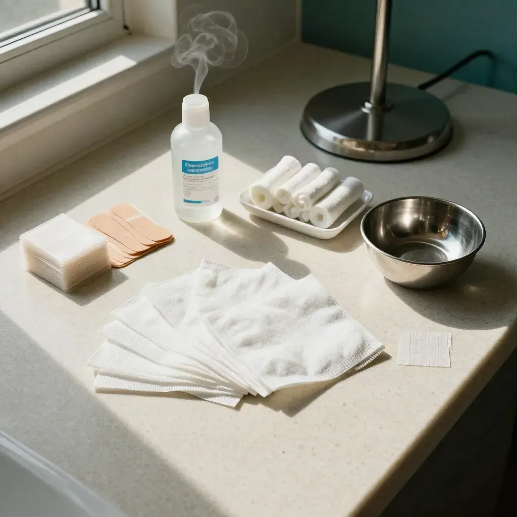 Overhead minor-treatment tray with gauze, antiseptic, adhesive strips, cotton rolls and a steel bowl.
