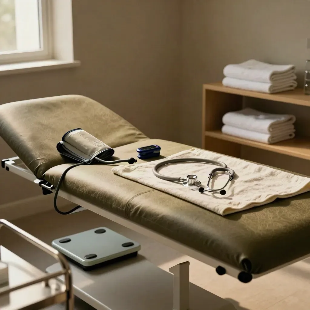 Private check-up station with cuff, oximeter, scale, stethoscope and folded towels in a moody clinic room.