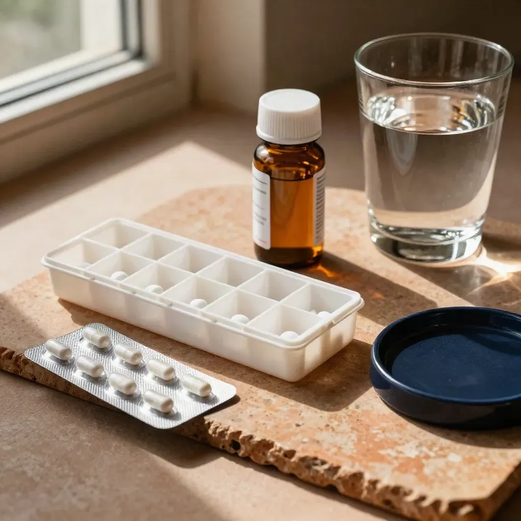 Amber bottle, pill organiser, blister pack and water glass on terracotta stone in warm clinic light.