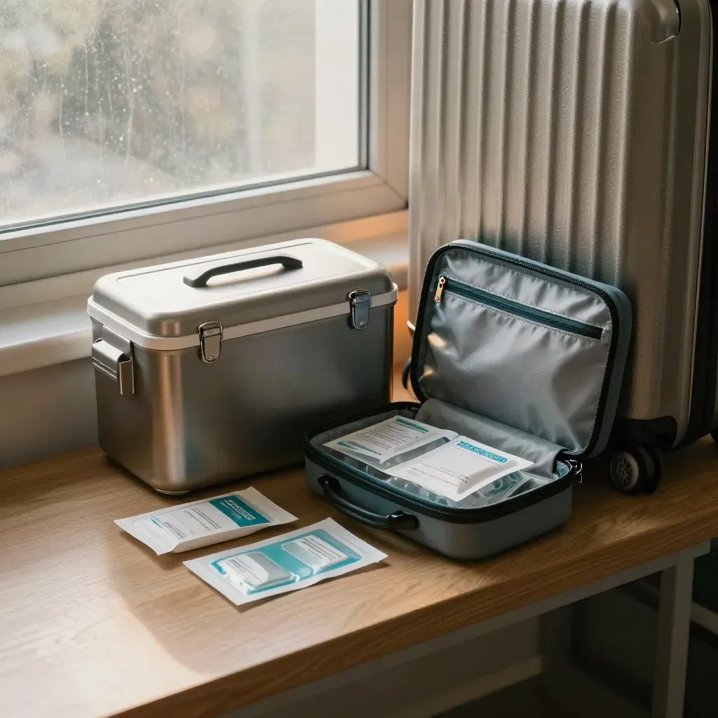 Travel vaccine kit and hard-shell suitcase by a clinic window, ready for departure.
