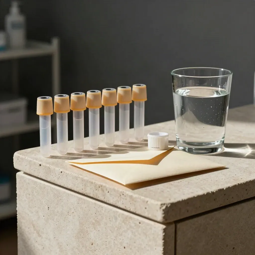 Macro still life of check-up results, pill organiser, water glass and sealed envelope.
