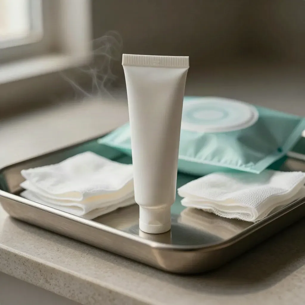 Close-up rash-care kit with ointment tube, cotton pads, gauze, and cold compress