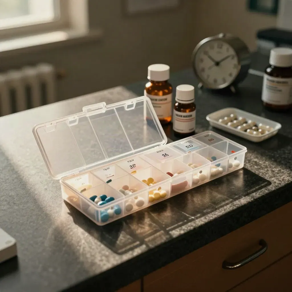 Weekly pill organiser with medicine bottle, capsule tray and clock on a clinic counter