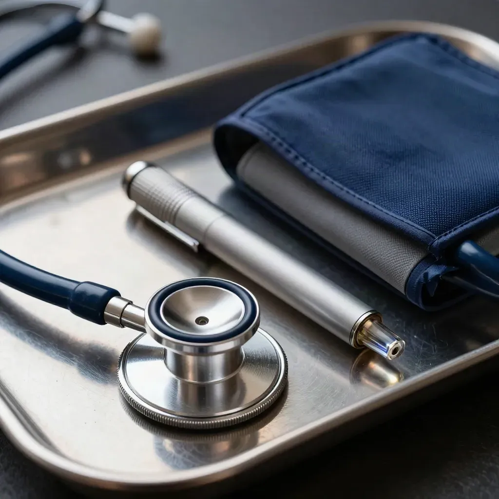 Macro still life of a stethoscope diaphragm, penlight and blood-pressure cuff on a stainless tray.