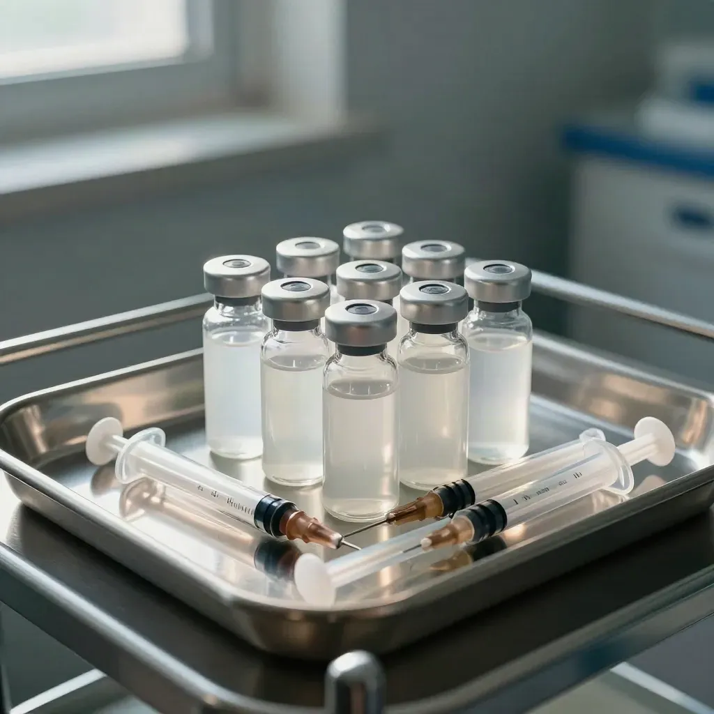Vaccine vials, syringes, swabs and sharps bin edge on a stainless tray