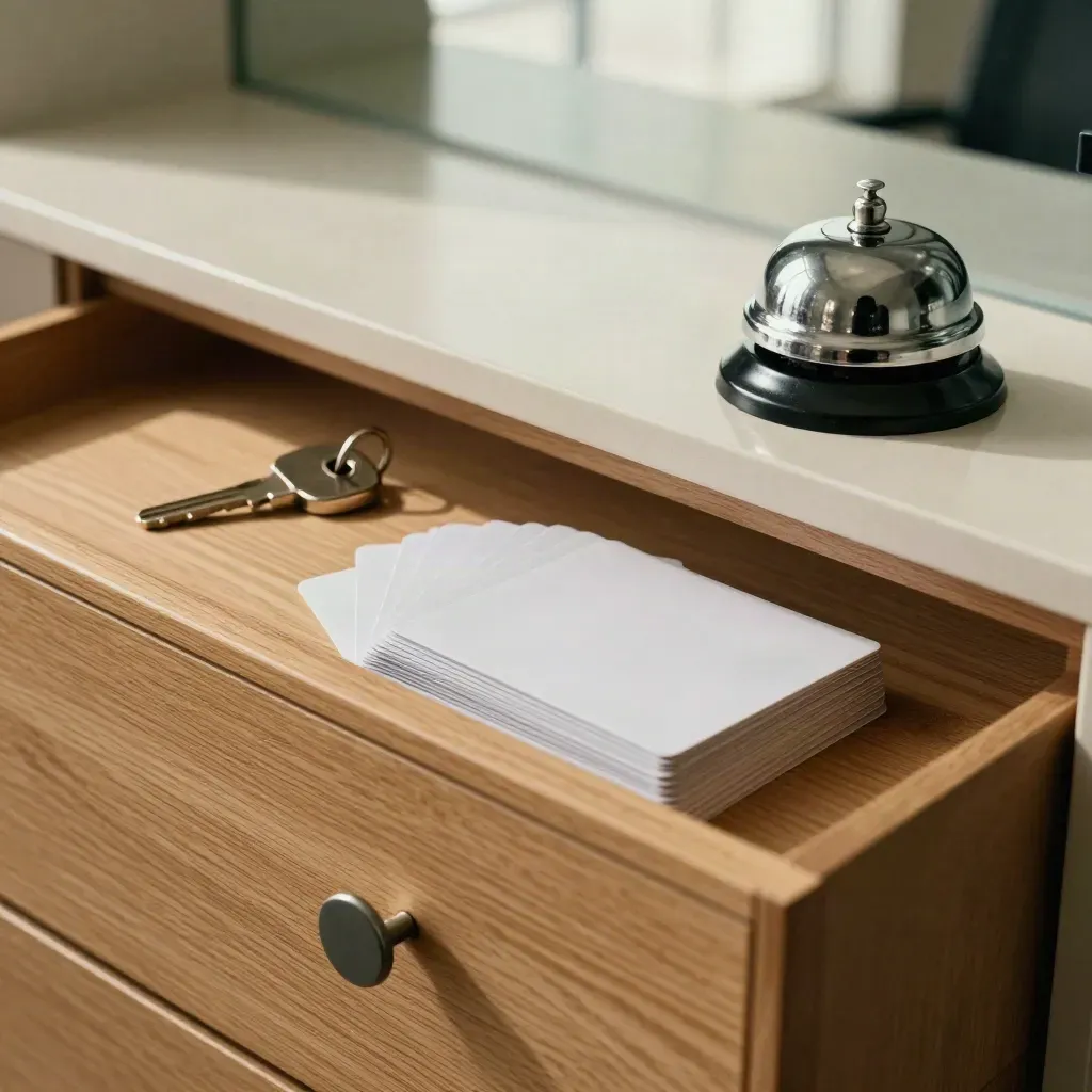 Clinic drawer still life with key fob, access cards, dividers and bell in soft light.
