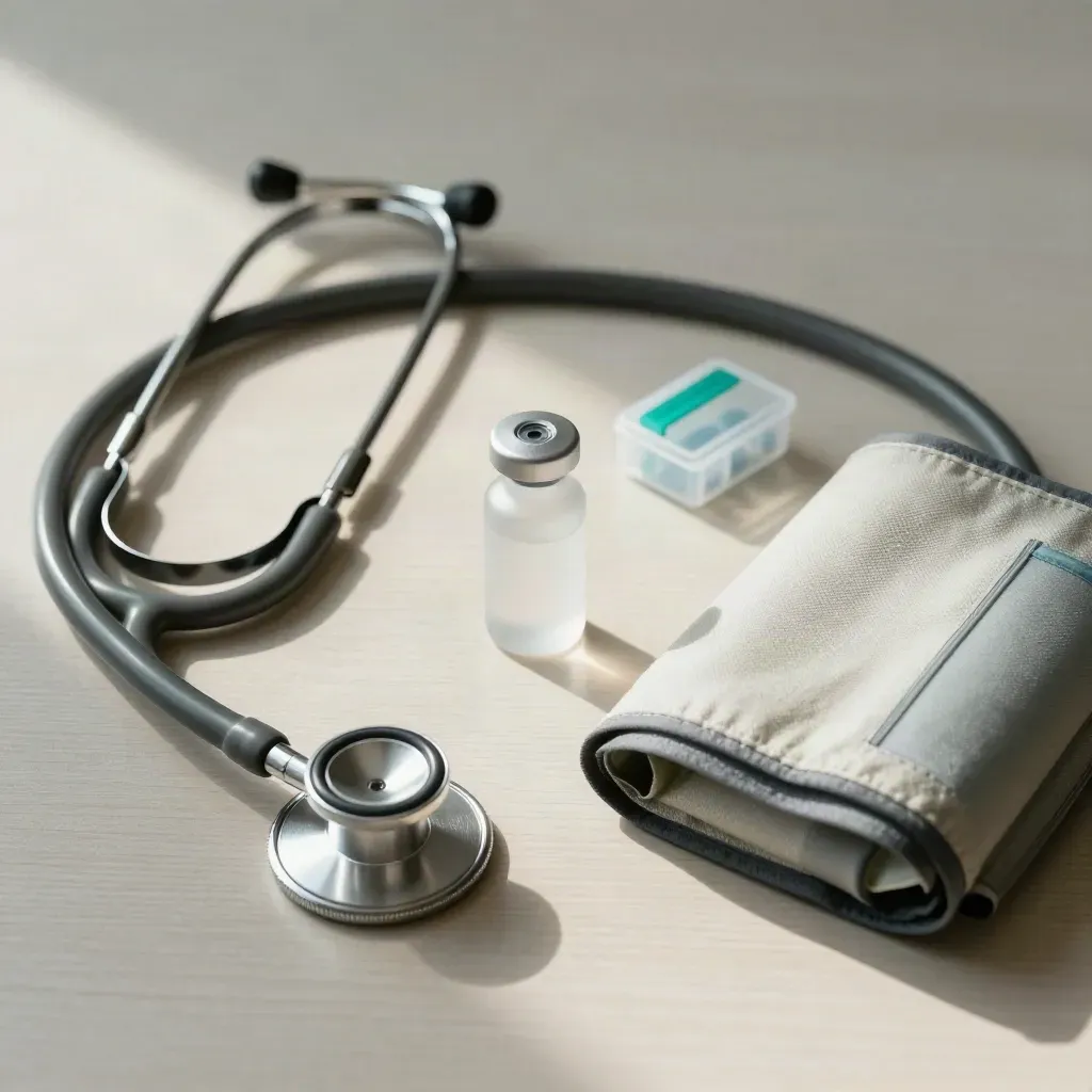 Overhead still life of clinic tools: stethoscope, vial, cuff and pill organiser on pale wood.