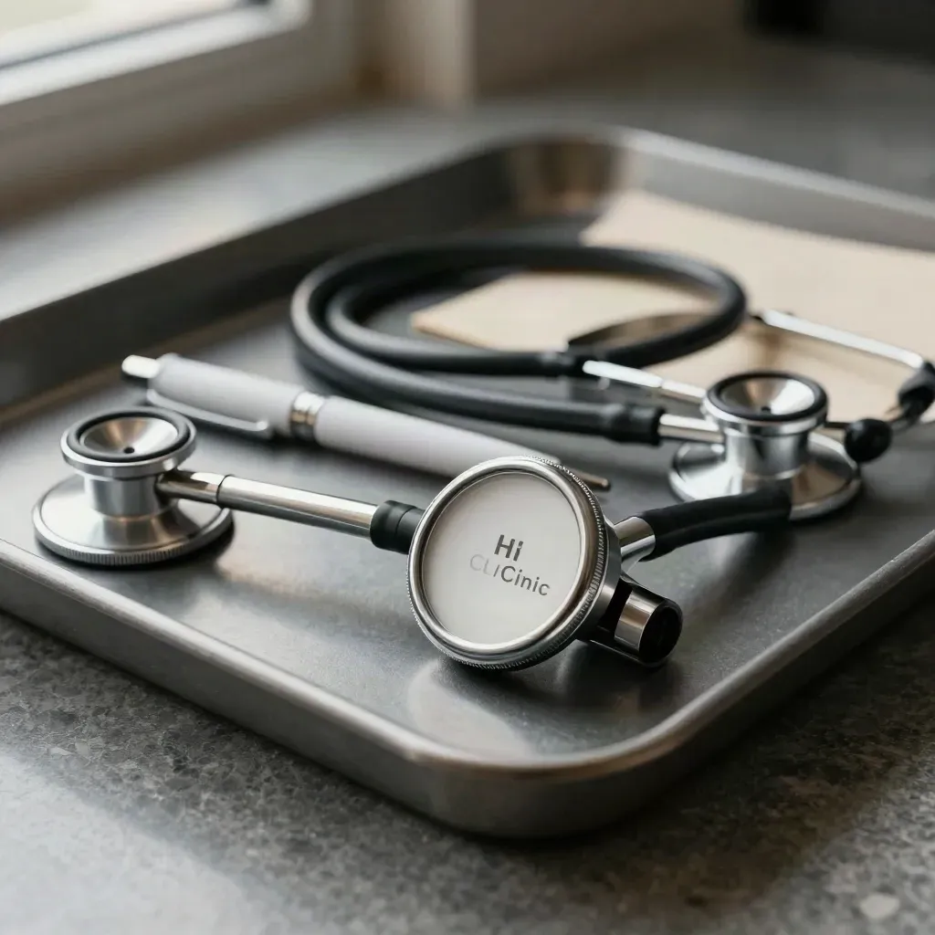 Medical tools arranged on a dark tray: otoscope, penlight, reflex hammer and stethoscope.