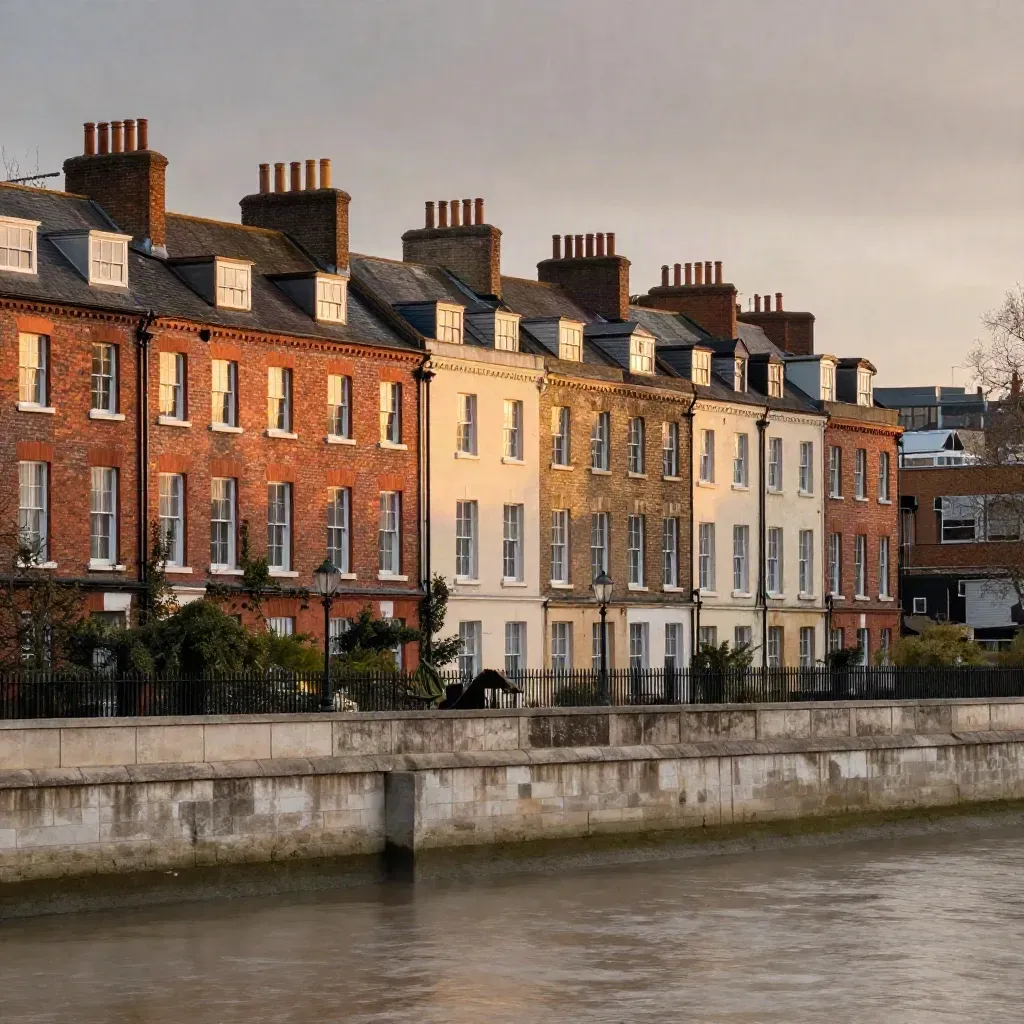 South London terraces and slate roofs above a calm stone foreground at dusk