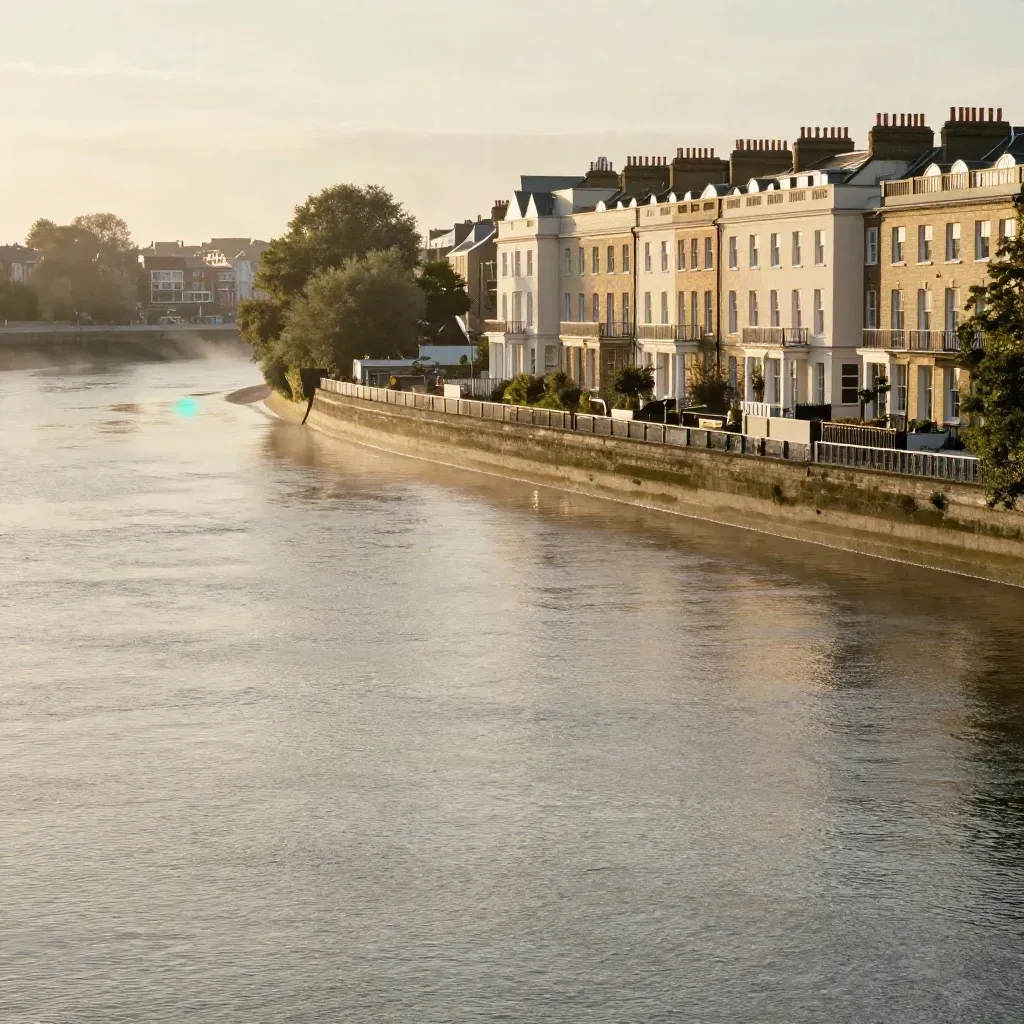 West London river vista with cream terraces, the Thames curve, and warm golden light after rain.