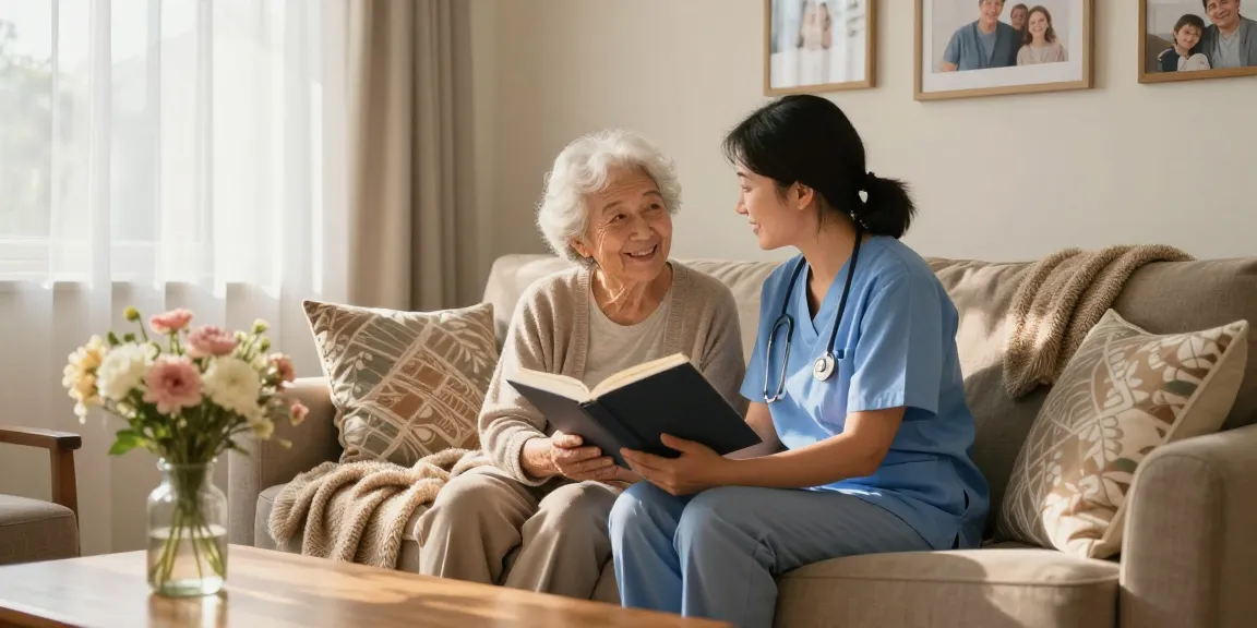 Helping hands home care caregiver sharing a warm moment with an elderly client in a cozy living room.