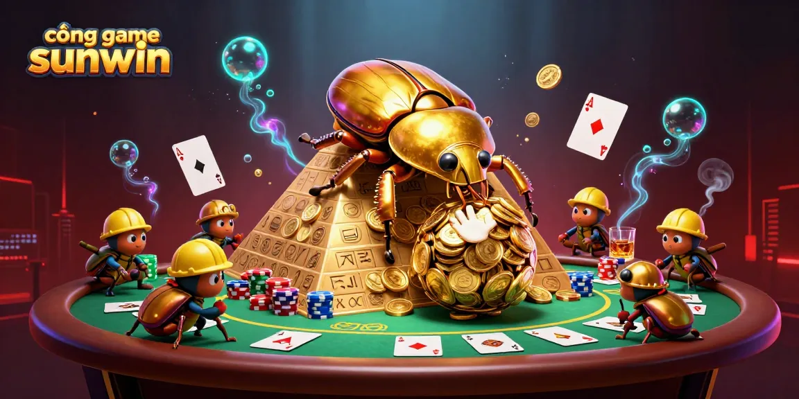 Cổng game sunwin showcases a thrilling casino scene with golden beetles rolling coins and poker elements.