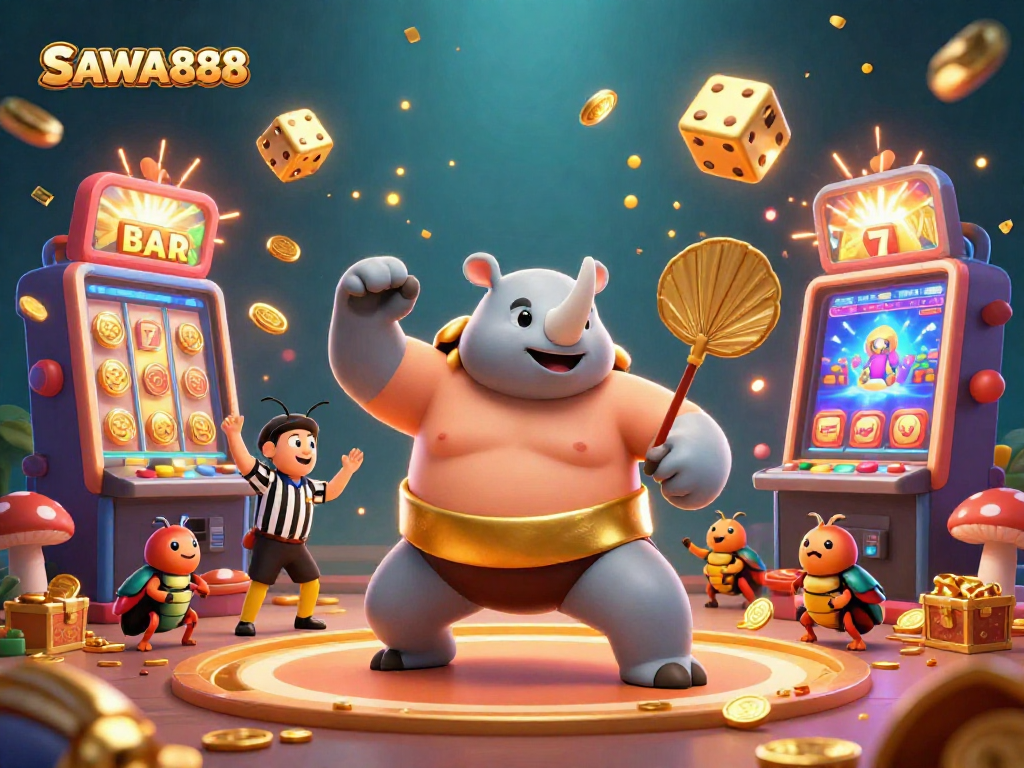 Experience the excitement of SAWA888’s vibrant casino games with animated slot machines and characters.