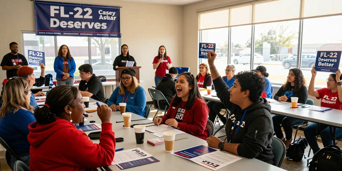 Casey Askar speaking at a political rally with engaged supporters in FL-22, showcasing community engagement and democratic spirit.